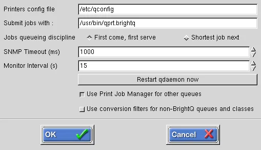 AIX options showing the printers configuration file, job submission command, and queue discipline