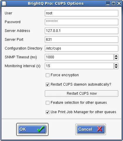 CUPS Options dialog showing server, encryption, monitoring, and filter controls