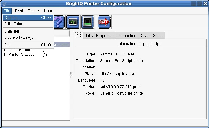 Configuration Tool File menu with Options, PJM Tabs, Uninstall, and License Manager entries