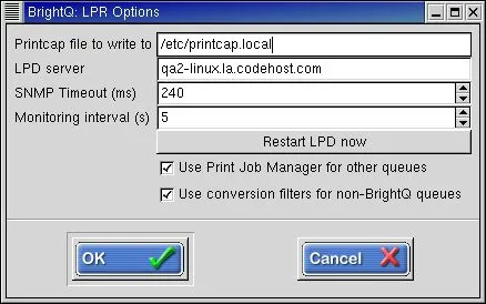 LPR Options dialog with printcap, LPD server, monitoring, and filter settings
