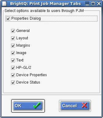 Print Job Manager Tabs dialog with controls for showing or hiding properties tabs