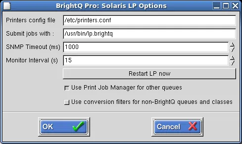 Solaris LP Options dialog showing printers configuration, job submission, and monitoring fields