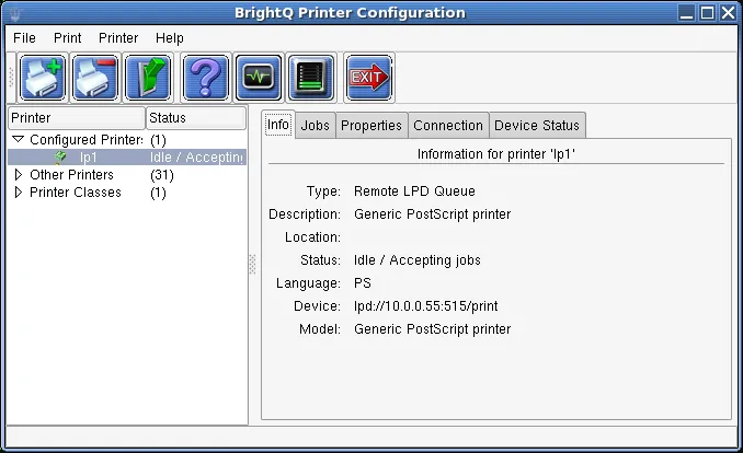 Configuration Tool showing configured printers and the Info tab