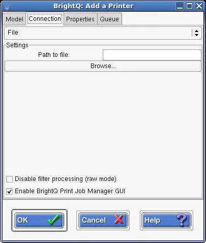 Expert Connection tab for printing to a file with an empty destination path