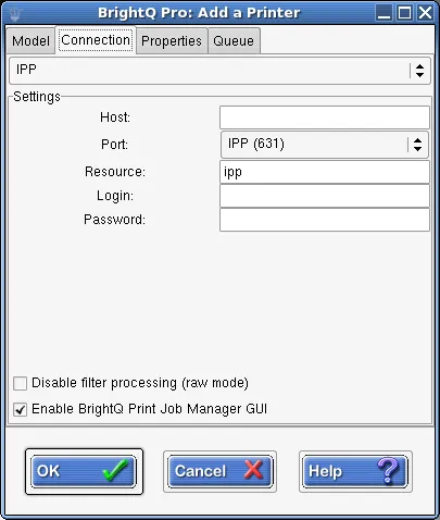 Expert Connection tab for IPP with host, port, resource, and empty authentication fields