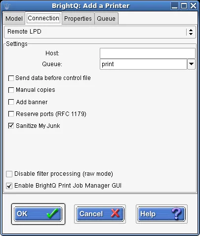 Expert Connection tab for Remote LPD with host, queue, and non-CUPS options