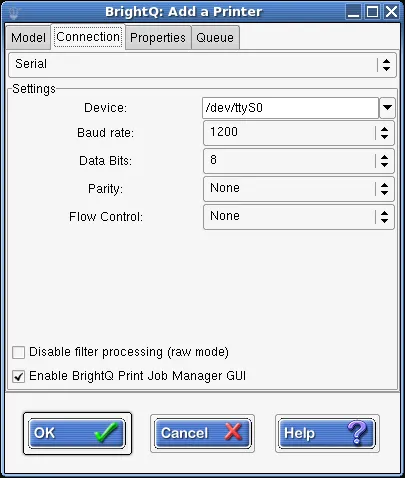 Expert Connection tab for serial printing with device, baud rate, data bits, parity, and flow control fields