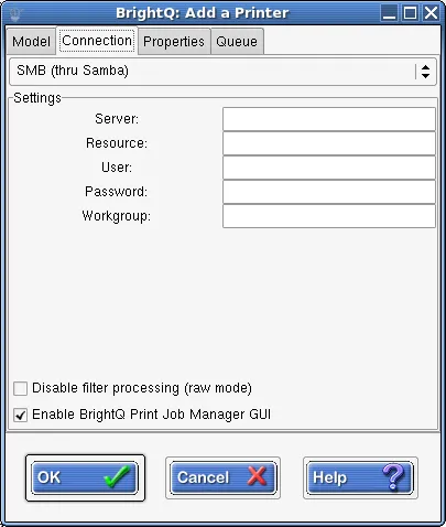 Expert Connection tab for Samba printing with server, resource, and empty authentication fields