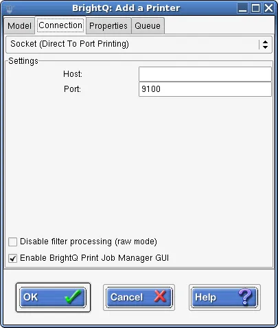 Expert Connection tab for socket printing with host and port fields
