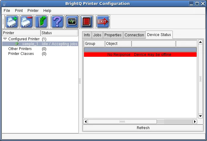 Device Status tab showing a red No Response alert for a possibly offline printer