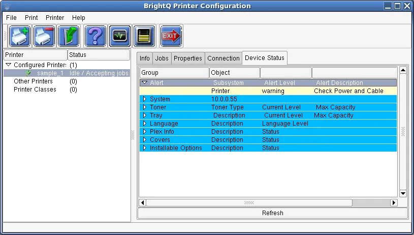Device Status tab showing a yellow warning to check printer power and cable