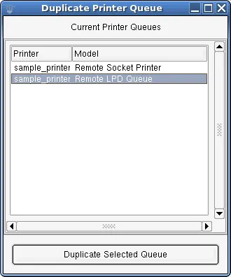 Duplicate Printer Queue dialog with an example queue selected