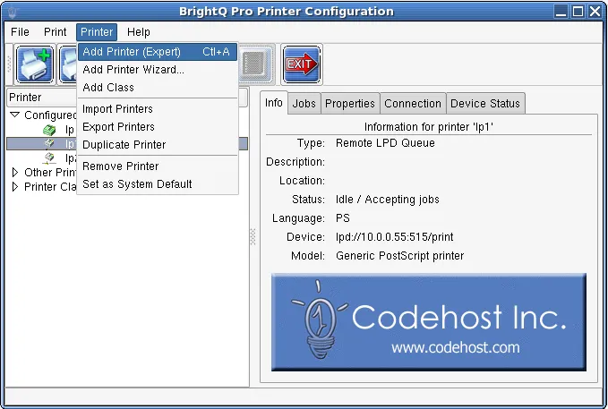 Configuration Tool Printer menu highlighting Add Printer Expert