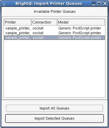 Import Printer Queues dialog with available queues and controls to import all or selected queues