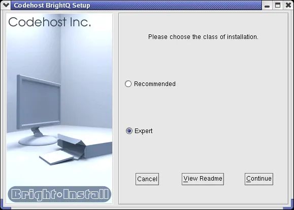 Graphical BrightINSTALL setup with Recommended and Expert installation choices