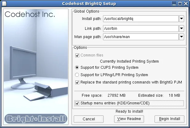 Graphical Expert installer showing paths and CUPS or LPRng/LPR options