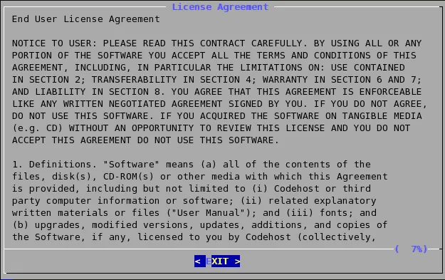 Terminal installer displaying the beginning of the end user license agreement