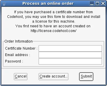 Online activation dialog with empty certificate number, email, and password fields
