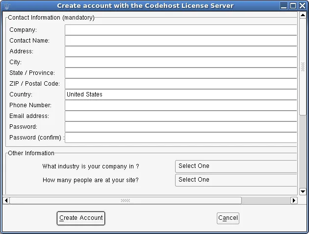 License server account registration dialog with empty contact and password fields