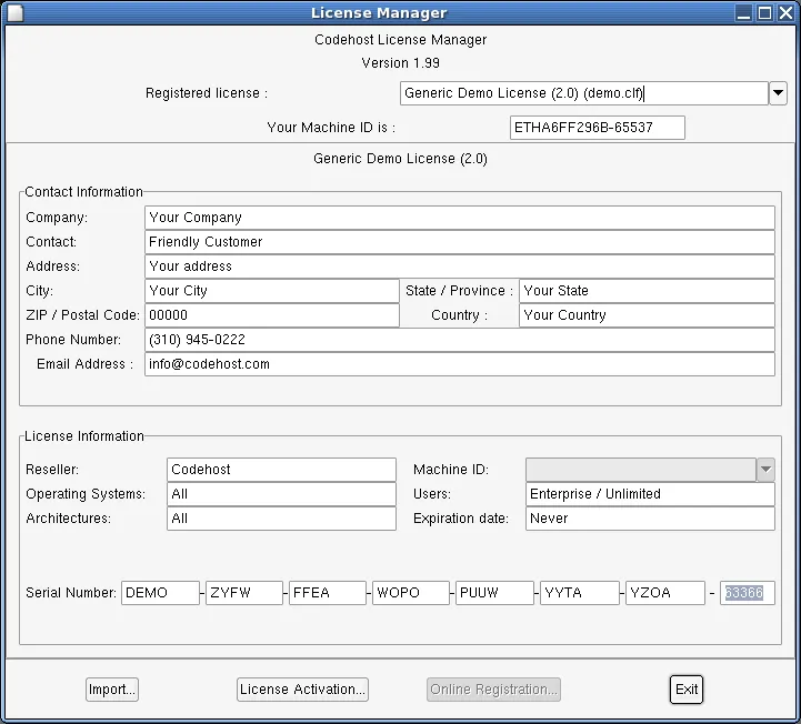 License Manager showing the registered demo license and import and activation controls