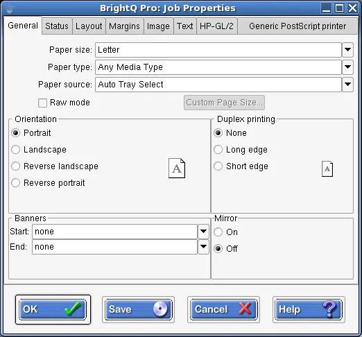 Print Job Manager General tab showing media, orientation, duplex, banners, and mirror options