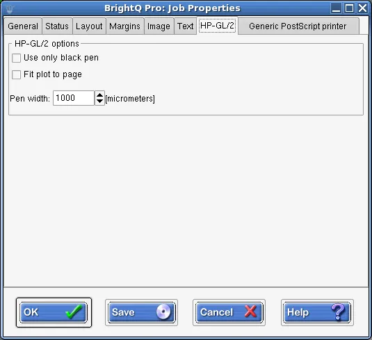 Print Job Manager HP-GL/2 tab showing black pen, fit to page, and pen width options
