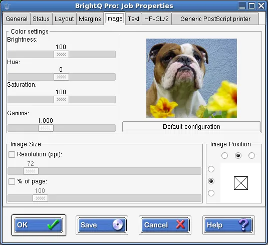 Print Job Manager Image tab showing color adjustments, scaling, resolution, and positioning