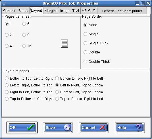 Print Job Manager Layout tab showing pages per sheet, borders, and page ordering