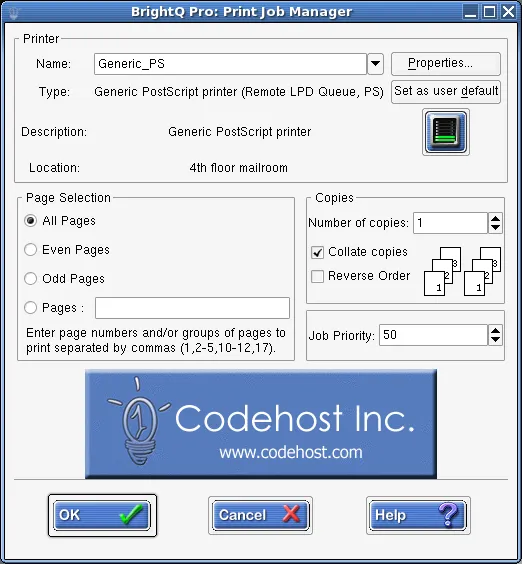 Print Job Manager showing printer selection, page selection, copies, collation, and job priority