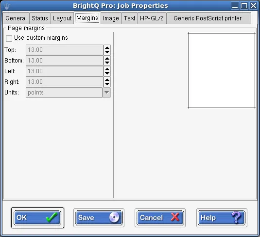 Print Job Manager Margins tab showing custom margins and measurement units