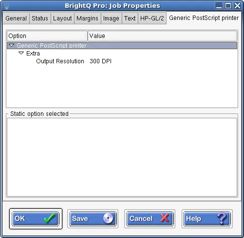 Print Job Manager printer-specific tab showing output resolution for a Generic PostScript printer