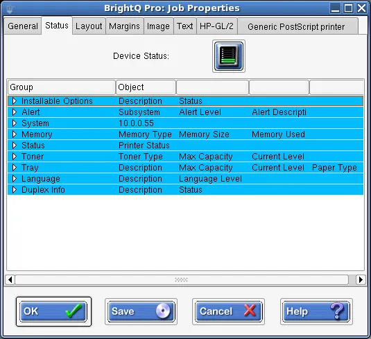 Print Job Manager Status tab showing device status and expandable device information