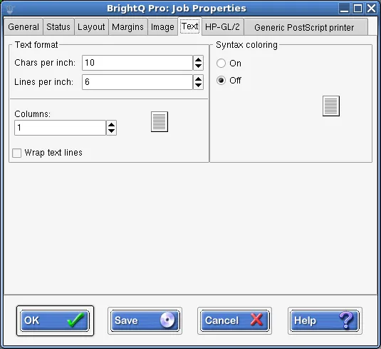 Print Job Manager Text tab showing characters per inch, lines per inch, columns, wrapping, and syntax coloring