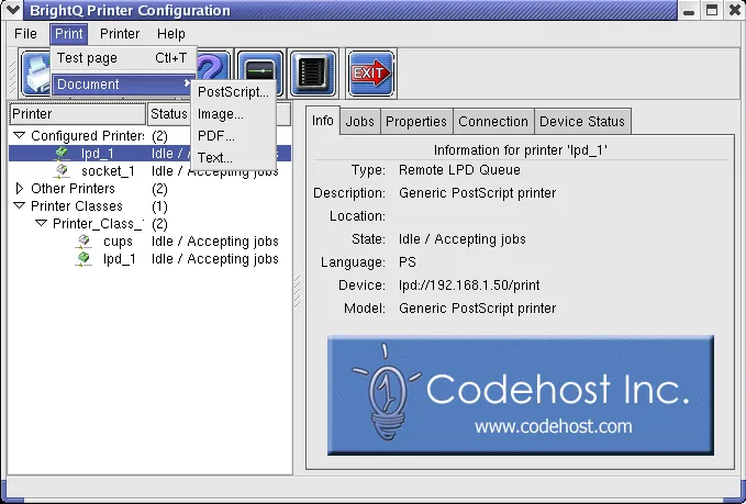 Configuration Tool Print menu showing Test Page and PostScript, image, PDF, and text document choices