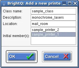 Add a new printer class dialog with a class name, description, location, and initial members