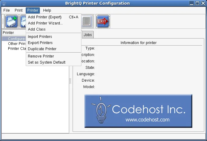 Configuration Tool Printer menu listing add, import, export, duplicate, remove, and default operations