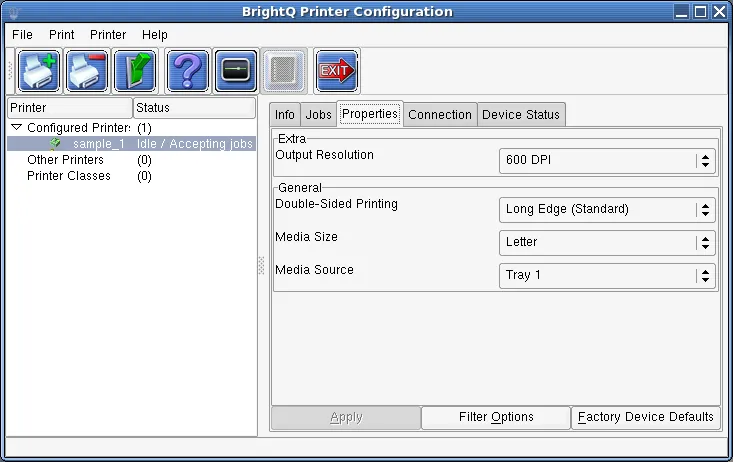 Configuration Tool Properties tab showing driver-specific defaults and Filter Options