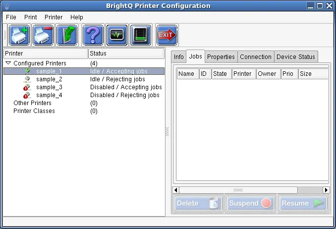Configuration Tool showing accepting, rejecting, and disabled queue states beside the Jobs tab