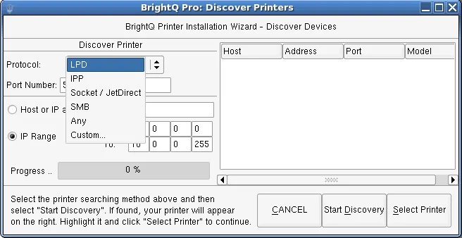 Discover Printers dialog with the protocol selection menu open