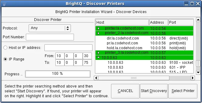 Discover Printers dialog displaying example network discovery results