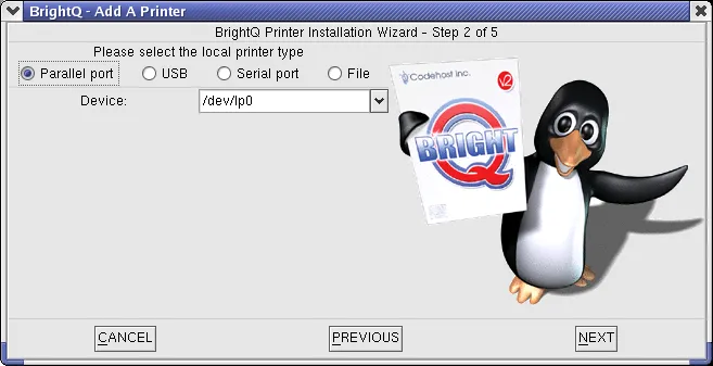 Printer Installation Wizard step 2 with parallel, USB, serial, and file connection choices