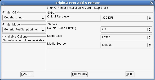 Printer Installation Wizard step 3 selecting the OEM, printer model, accessories, and driver options