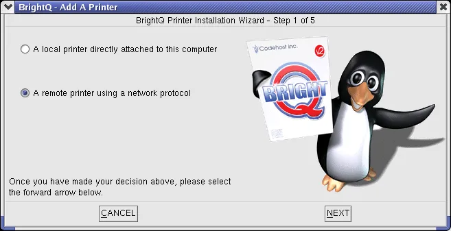 Printer Installation Wizard step 1 selecting a local printer or a remote network printer