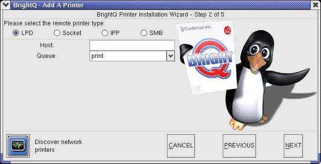 Printer Installation Wizard step 2 with LPD, socket, IPP, and SMB connection choices